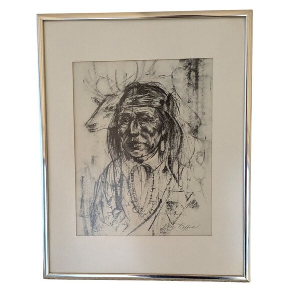 Don Ruffins Signed Artist Proof Native American Portrait W/ Stag Framed Black &